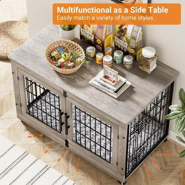 Alt view image 4 of 7 - Large Dog Crate Furniture, 38'' Wooden Dog Crate End Table, Double Door Dog Kennel Indoor with Cushion & Wheels, Decorative Dog Cage House Chew-Resistant for Large/Medium, Grey
