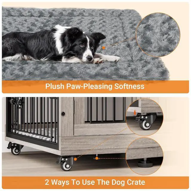 Alt view image 6 of 7 - Dog Crate Furniture, XL Wooden Dog Kennel Indoor Double Doors Dog Cage, 44'' Heavy Duty Dog Crate with Cushion & Wheels, Decorative End Table Chew-Resistant for Extra Large/Medium, Grey