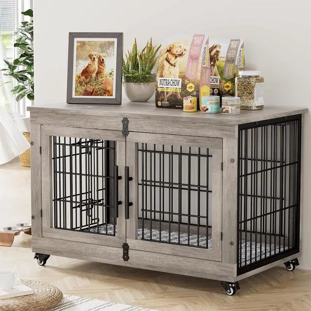 Main image of Large Dog Crate Furniture, 38'' Wooden Dog Crate End Table, Double Door Dog Kennel Indoor with Cushion & Wheels, Decorative Dog Cage House Chew-Resistant for Large/Medium, Grey