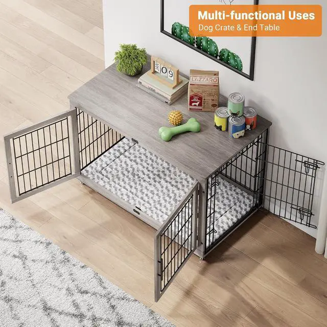 Alt view image 5 of 7 - Dog Crate Furniture, XL Wooden Dog Kennel Indoor Double Doors Dog Cage, 44'' Heavy Duty Dog Crate with Cushion & Wheels, Decorative End Table Chew-Resistant for Extra Large/Medium, Grey