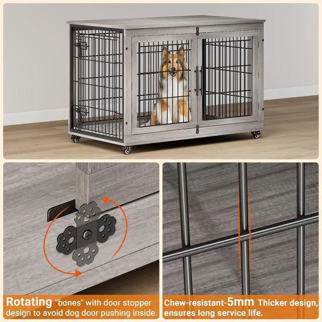 Alt view image 7 of 7 - Dog Crate Furniture, XL Wooden Dog Kennel Indoor Double Doors Dog Cage, 44'' Heavy Duty Dog Crate with Cushion & Wheels, Decorative End Table Chew-Resistant for Extra Large/Medium, Grey