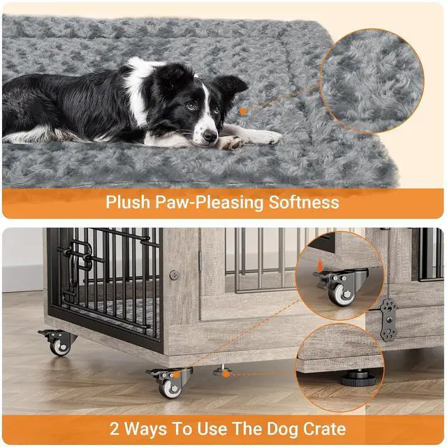 Alt view image 6 of 7 - Large Dog Crate Furniture, 38'' Wooden Dog Crate End Table, Double Door Dog Kennel Indoor with Cushion & Wheels, Decorative Dog Cage House Chew-Resistant for Large/Medium, Grey
