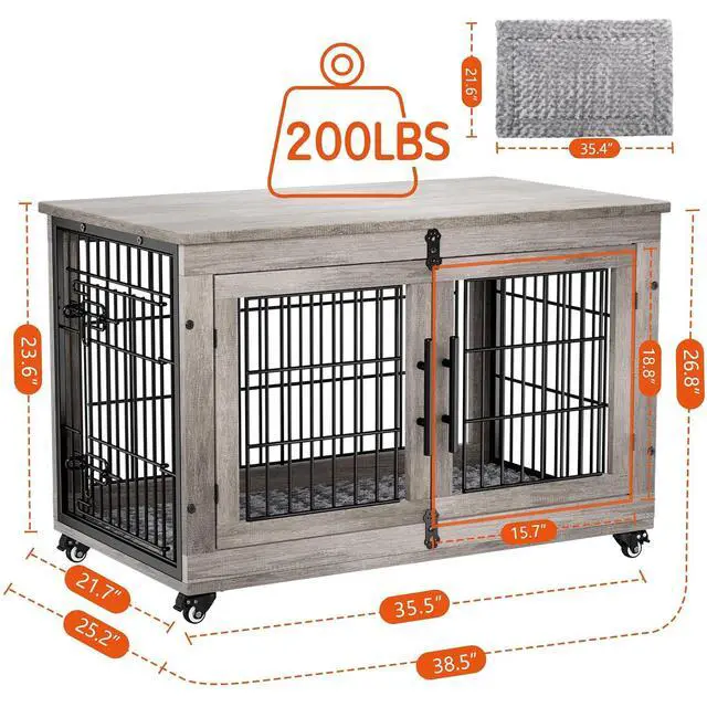Alt view image 5 of 7 - Large Dog Crate Furniture, 38'' Wooden Dog Crate End Table, Double Door Dog Kennel Indoor with Cushion & Wheels, Decorative Dog Cage House Chew-Resistant for Large/Medium, Grey