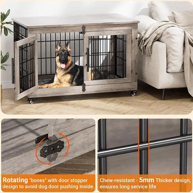 Alt view image 7 of 7 - Large Dog Crate Furniture, 38'' Wooden Dog Crate End Table, Double Door Dog Kennel Indoor with Cushion & Wheels, Decorative Dog Cage House Chew-Resistant for Large/Medium, Grey