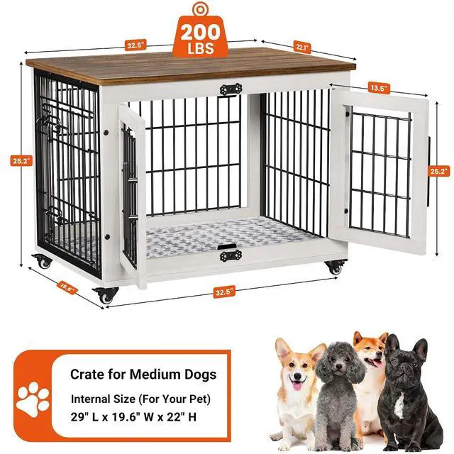 Alt view image 2 of 7 - Dog Crate Furniture for Medium Dogs, 32'' Dog Kennel Indoor with Cushion & Wheels Wooden Dog Cage Double Doors Dog Crate End Table, White
