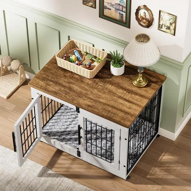 Alt view image 3 of 7 - Dog Crate Furniture for Medium Dogs, 32'' Dog Kennel Indoor with Cushion & Wheels Wooden Dog Cage Double Doors Dog Crate End Table, White