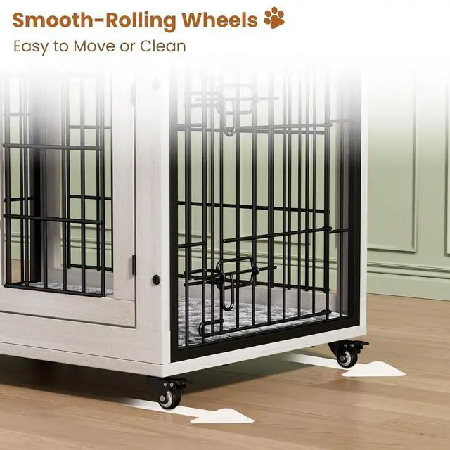 Alt view image 4 of 7 - Dog Crate Furniture for Medium Dogs, 32'' Dog Kennel Indoor with Cushion & Wheels Wooden Dog Cage Double Doors Dog Crate End Table, White