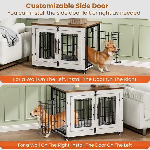 Alt view image 5 of 7 - Dog Crate Furniture for Medium Dogs, 32'' Dog Kennel Indoor with Cushion & Wheels Wooden Dog Cage Double Doors Dog Crate End Table, White
