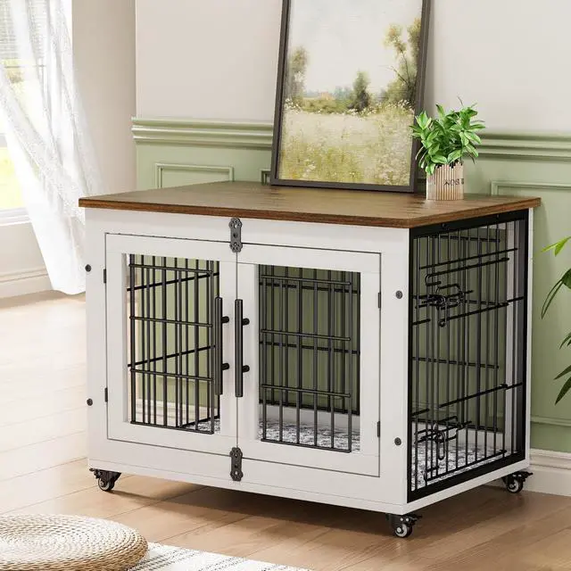 Alt view image 2 of 7 - Dog Crate Furniture Set of 2, Dog Kennel Indoor Double Doors Wooden Dog Cage, 32'' Heavy Duty Dog Crate with Cushion & Wheels, End Table Pet House Chew-Resistant Up to 45 lb, White