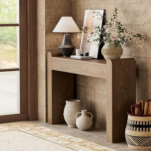 Alt view image 6 of 7 - 47" Arc Console Table for Entryway, Wooden Entryway Table, Farmhouse Behind Sofa Table for Living Room, Hallway, Entrance, Couch, Entry, Home Decor | Rounded edges and fluted texture soften narrow spa