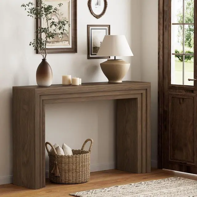 Alt view image 2 of 7 - Console Table for Entryway, 43 Inch Step Design Sofa Table | 11.8"D step console supports up to 110 lb, with anti-tip kit and labeled parts for about 40-minute assembly.