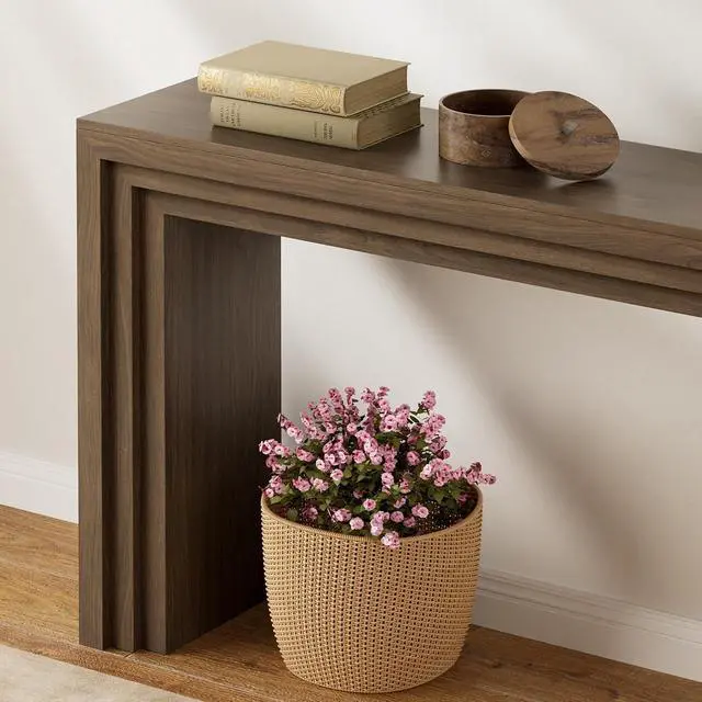 Alt view image 4 of 7 - Console Table for Entryway, 43 Inch Step Design Sofa Table | 11.8"D step console supports up to 110 lb, with anti-tip kit and labeled parts for about 40-minute assembly.