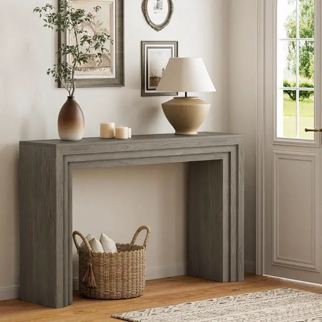 Alt view image 2 of 7 - Console Table for Entryway, 43 Inch Step Design Sofa Table | 11.8"D step console supports up to 110 lb, with anti-tip kit and labeled parts for about 40-minute assembly.