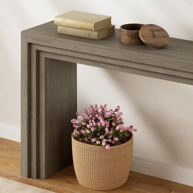 Alt view image 4 of 7 - Console Table for Entryway, 43 Inch Step Design Sofa Table | 11.8"D step console supports up to 110 lb, with anti-tip kit and labeled parts for about 40-minute assembly.