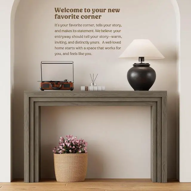 Alt view image 6 of 7 - Console Table for Entryway, 43 Inch Step Design Sofa Table | 11.8"D step console supports up to 110 lb, with anti-tip kit and labeled parts for about 40-minute assembly.