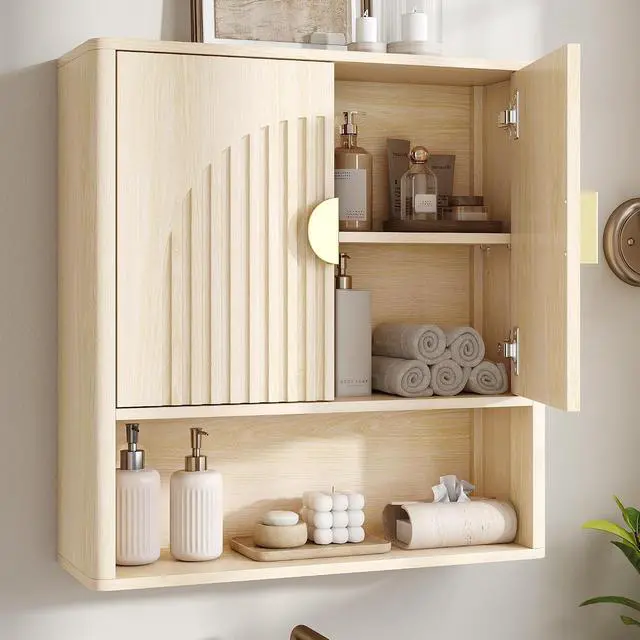 Alt view image 2 of 7 - Bathroom Wall Cabinet with Adjustable Wood Shelf, Fluted Medicine Cabinet with 2 Doors, Over The Toilet Storage Cabinet for Laundry Room, Kitchen, Living Room, Natural