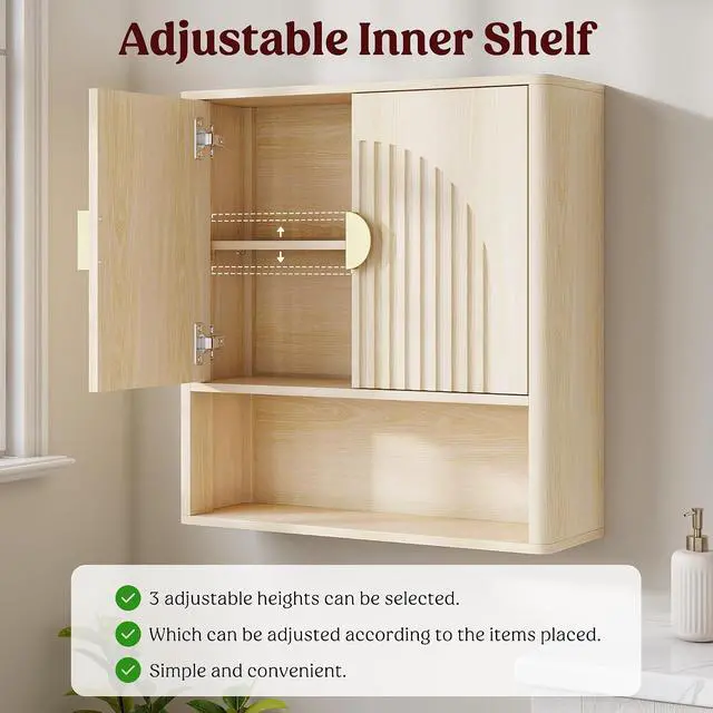 Alt view image 4 of 7 - Bathroom Wall Cabinet with Adjustable Wood Shelf, Fluted Medicine Cabinet with 2 Doors, Over The Toilet Storage Cabinet for Laundry Room, Kitchen, Living Room, Natural