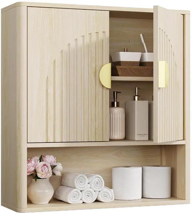 Main image of Bathroom Wall Cabinet with Adjustable Wood Shelf, Fluted Medicine Cabinet with 2 Doors, Over The Toilet Storage Cabinet for Laundry Room, Kitchen, Living Room, Natural