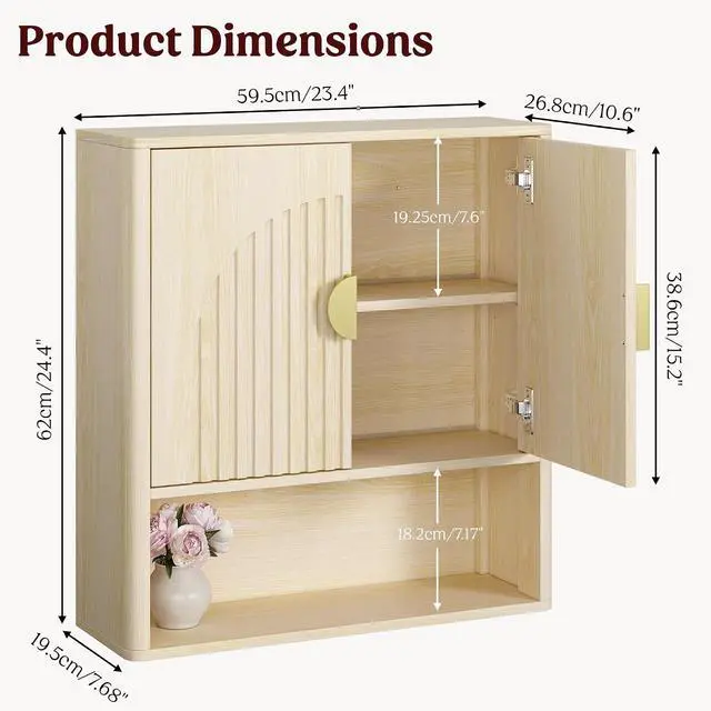 Alt view image 3 of 7 - Bathroom Wall Cabinet with Adjustable Wood Shelf, Fluted Medicine Cabinet with 2 Doors, Over The Toilet Storage Cabinet for Laundry Room, Kitchen, Living Room, Natural