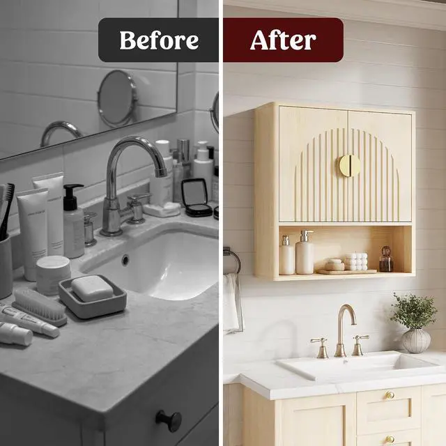 Alt view image 6 of 7 - Bathroom Wall Cabinet with Adjustable Wood Shelf, Fluted Medicine Cabinet with 2 Doors, Over The Toilet Storage Cabinet for Laundry Room, Kitchen, Living Room, Natural
