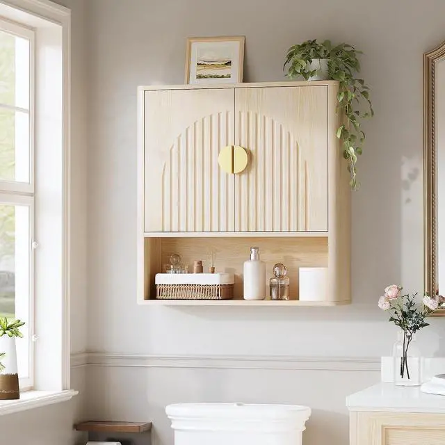 Alt view image 7 of 7 - Bathroom Wall Cabinet with Adjustable Wood Shelf, Fluted Medicine Cabinet with 2 Doors, Over The Toilet Storage Cabinet for Laundry Room, Kitchen, Living Room, Natural