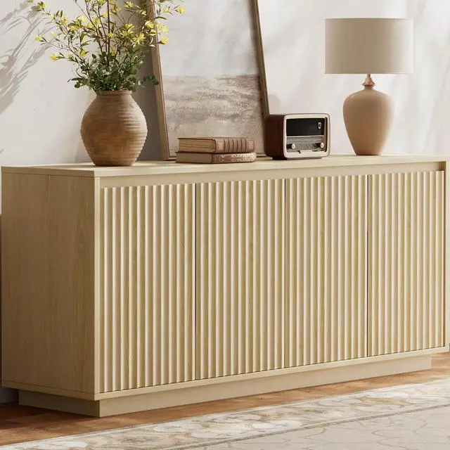 Main image of 63" Fluted Buffet Cabinet Sideboard with Storage Credenza 4 Doors Wood Modern Accent Coffee Bar Console Table for Kitchen Entryway Oak Natural