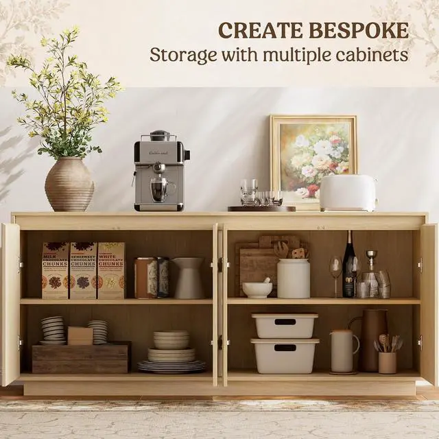 Alt view image 4 of 7 - 63" Fluted Buffet Cabinet Sideboard with Storage Credenza 4 Doors Wood Modern Accent Coffee Bar Console Table for Kitchen Entryway Oak Natural