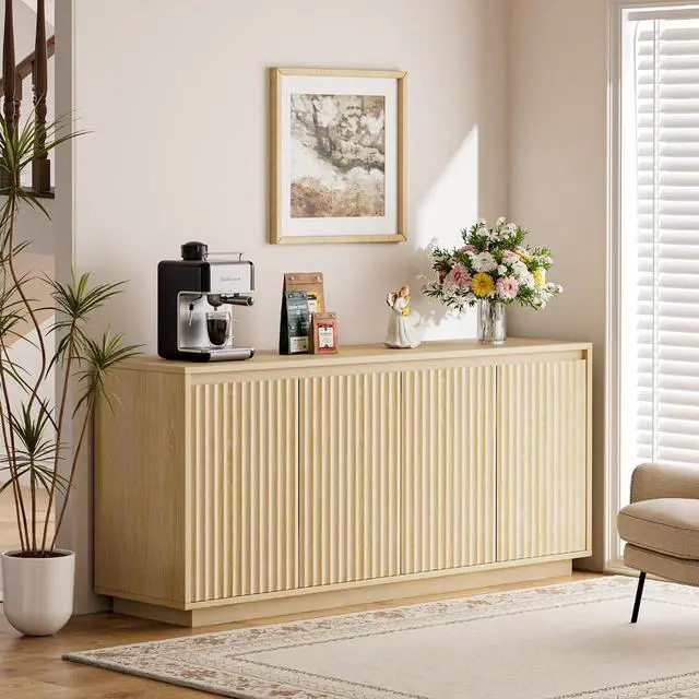 Alt view image 7 of 7 - 63" Fluted Buffet Cabinet Sideboard with Storage Credenza 4 Doors Wood Modern Accent Coffee Bar Console Table for Kitchen Entryway Oak Natural