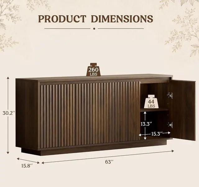 Alt view image 2 of 7 - 63" Fluted Buffet Cabinet Sideboard with Storage Credenza 4 Doors Wood Modern Accent Coffee Bar Console Table for Kitchen Entryway Walnut