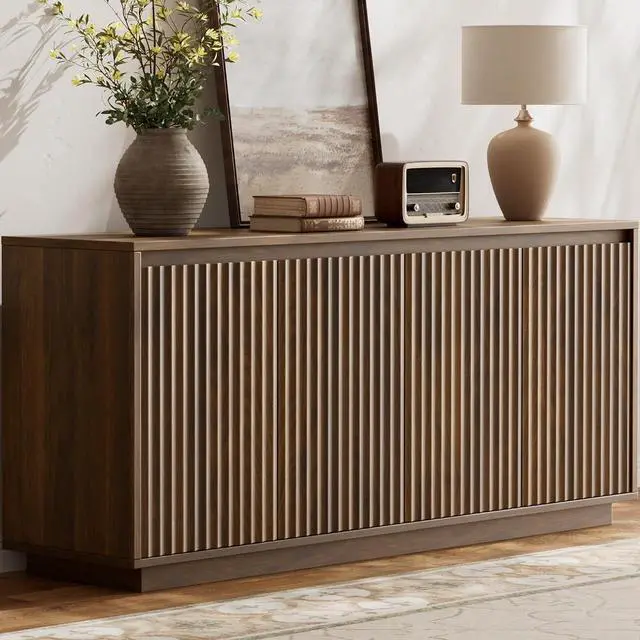 Main image of 63" Fluted Buffet Cabinet Sideboard with Storage Credenza 4 Doors Wood Modern Accent Coffee Bar Console Table for Kitchen Entryway Walnut