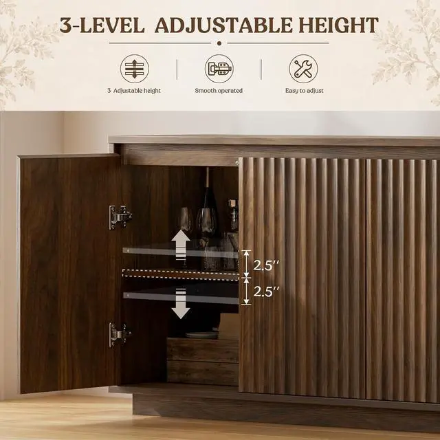 Alt view image 3 of 7 - 63" Fluted Buffet Cabinet Sideboard with Storage Credenza 4 Doors Wood Modern Accent Coffee Bar Console Table for Kitchen Entryway Walnut