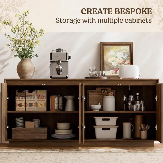 Alt view image 4 of 7 - 63" Fluted Buffet Cabinet Sideboard with Storage Credenza 4 Doors Wood Modern Accent Coffee Bar Console Table for Kitchen Entryway Walnut