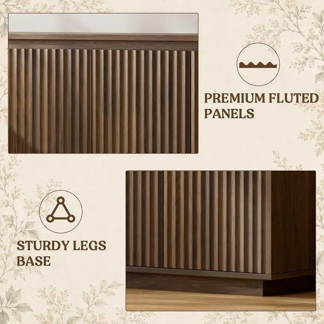 Alt view image 5 of 7 - 63" Fluted Buffet Cabinet Sideboard with Storage Credenza 4 Doors Wood Modern Accent Coffee Bar Console Table for Kitchen Entryway Walnut
