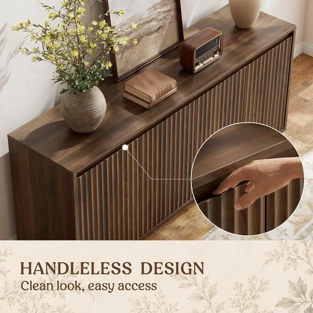 Alt view image 6 of 7 - 63" Fluted Buffet Cabinet Sideboard with Storage Credenza 4 Doors Wood Modern Accent Coffee Bar Console Table for Kitchen Entryway Walnut