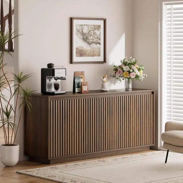 Alt view image 7 of 7 - 63" Fluted Buffet Cabinet Sideboard with Storage Credenza 4 Doors Wood Modern Accent Coffee Bar Console Table for Kitchen Entryway Walnut