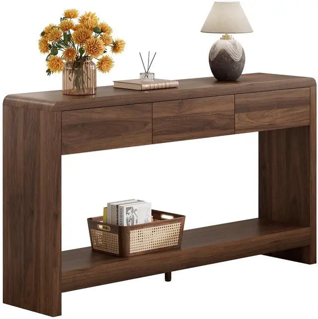 Main image of 55 Inch Entryway Table with 3 Drawers, Waterfall Console Table | 55.1"W slim 11.8"D statement console with 3 wood drawers, open shelf and 265 lb top capacity for large hallway or living room