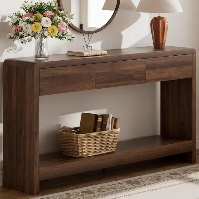 Alt view image 2 of 7 - 55 Inch Entryway Table with 3 Drawers, Waterfall Console Table | 55.1"W slim 11.8"D statement console with 3 wood drawers, open shelf and 265 lb top capacity for large hallway or living room