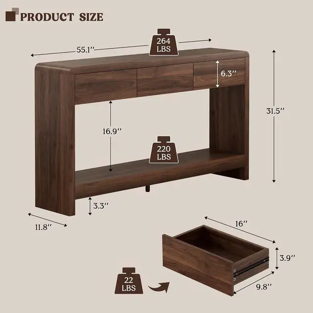 Alt view image 3 of 7 - 55 Inch Entryway Table with 3 Drawers, Waterfall Console Table | 55.1"W slim 11.8"D statement console with 3 wood drawers, open shelf and 265 lb top capacity for large hallway or living room