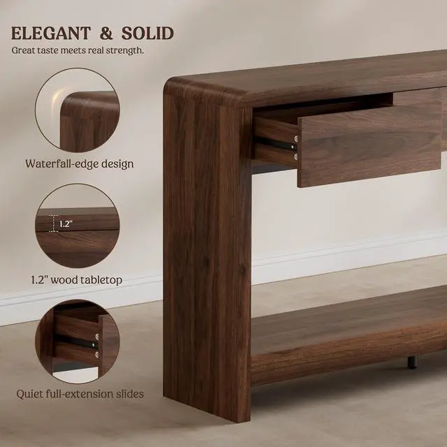 Alt view image 4 of 7 - 55 Inch Entryway Table with 3 Drawers, Waterfall Console Table | 55.1"W slim 11.8"D statement console with 3 wood drawers, open shelf and 265 lb top capacity for large hallway or living room