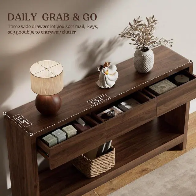 Alt view image 5 of 7 - 55 Inch Entryway Table with 3 Drawers, Waterfall Console Table | 55.1"W slim 11.8"D statement console with 3 wood drawers, open shelf and 265 lb top capacity for large hallway or living room
