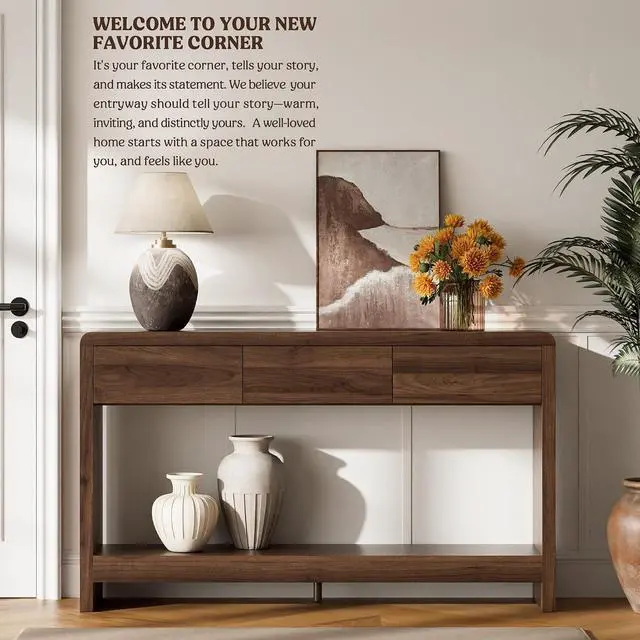 Alt view image 6 of 7 - 55 Inch Entryway Table with 3 Drawers, Waterfall Console Table | 55.1"W slim 11.8"D statement console with 3 wood drawers, open shelf and 265 lb top capacity for large hallway or living room
