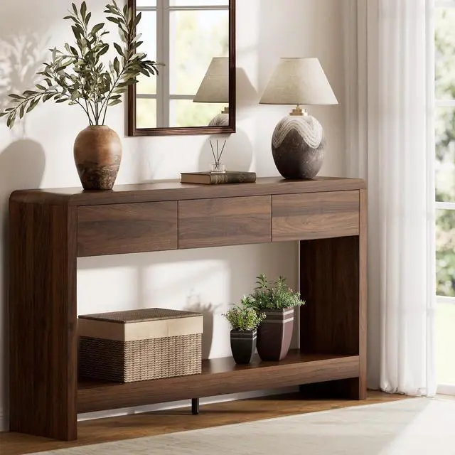 Alt view image 7 of 7 - 55 Inch Entryway Table with 3 Drawers, Waterfall Console Table | 55.1"W slim 11.8"D statement console with 3 wood drawers, open shelf and 265 lb top capacity for large hallway or living room