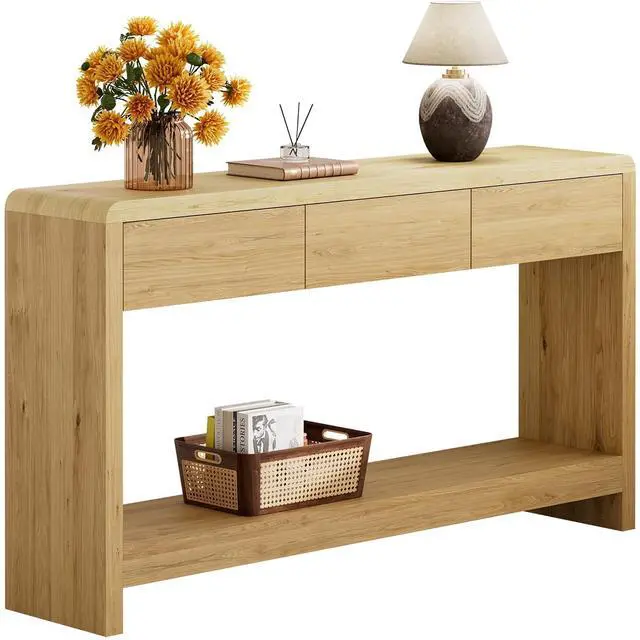 Main image of 55 Inch Entryway Table with 3 Drawers, Waterfall Console Table | 55.1"W slim 11.8"D statement console with 3 wood drawers, open shelf and 265 lb top capacity for large hallway or living room