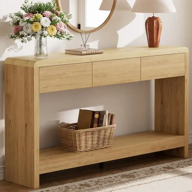 Alt view image 2 of 7 - 55 Inch Entryway Table with 3 Drawers, Waterfall Console Table | 55.1"W slim 11.8"D statement console with 3 wood drawers, open shelf and 265 lb top capacity for large hallway or living room