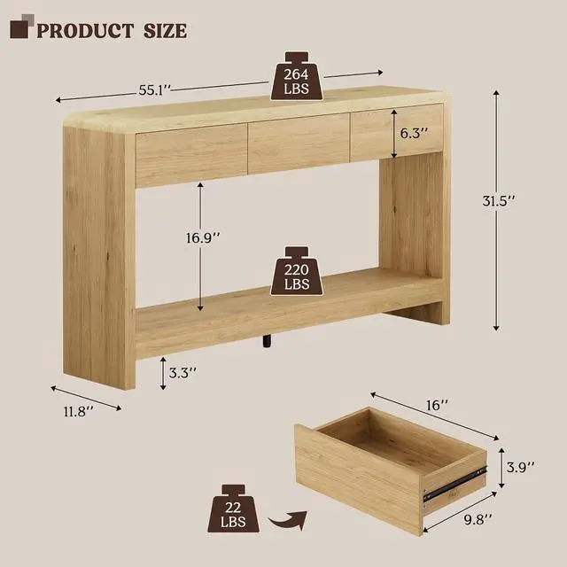 Alt view image 3 of 7 - 55 Inch Entryway Table with 3 Drawers, Waterfall Console Table | 55.1"W slim 11.8"D statement console with 3 wood drawers, open shelf and 265 lb top capacity for large hallway or living room