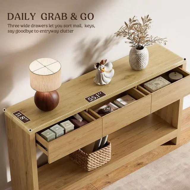 Alt view image 4 of 7 - 55 Inch Entryway Table with 3 Drawers, Waterfall Console Table | 55.1"W slim 11.8"D statement console with 3 wood drawers, open shelf and 265 lb top capacity for large hallway or living room