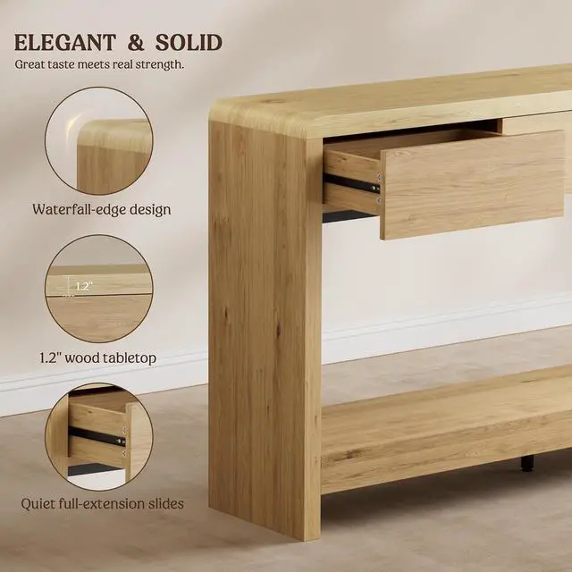 Alt view image 5 of 7 - 55 Inch Entryway Table with 3 Drawers, Waterfall Console Table | 55.1"W slim 11.8"D statement console with 3 wood drawers, open shelf and 265 lb top capacity for large hallway or living room