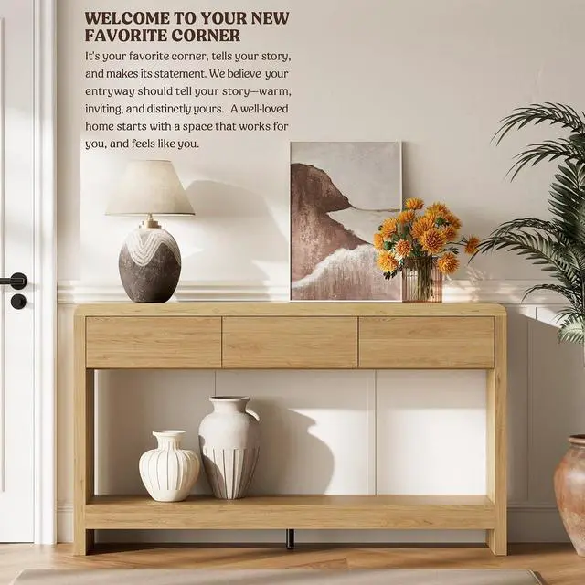 Alt view image 6 of 7 - 55 Inch Entryway Table with 3 Drawers, Waterfall Console Table | 55.1"W slim 11.8"D statement console with 3 wood drawers, open shelf and 265 lb top capacity for large hallway or living room