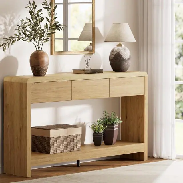 Alt view image 7 of 7 - 55 Inch Entryway Table with 3 Drawers, Waterfall Console Table | 55.1"W slim 11.8"D statement console with 3 wood drawers, open shelf and 265 lb top capacity for large hallway or living room