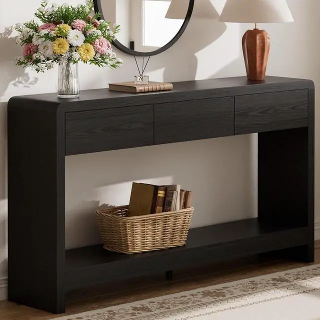 Alt view image 2 of 7 - 55 Inch Entryway Table with 3 Drawers, Waterfall Console Table | 55.1"W slim 11.8"D statement console with 3 wood drawers, open shelf and 265 lb top capacity for large hallway or living room